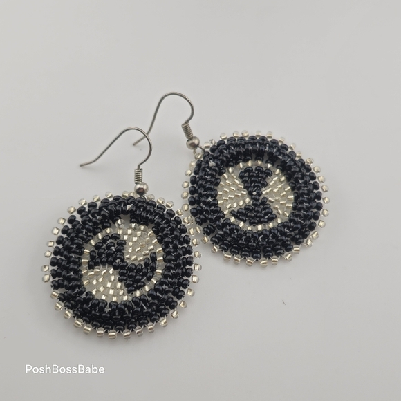 Handmade Black & Silver Beaded Earrings – 1.25" Diameter - Picture 13 of 15